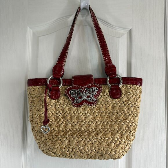 Brighton Straw Shoulder Bag Red Trim Butterfly Magnetic Closure Handbag Purse - Picture 1 of 10